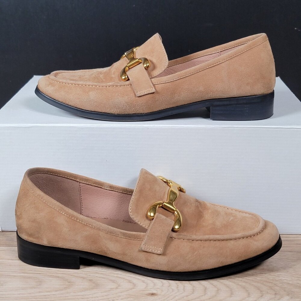 BiBi Lou Zagreb Horsebit Loafers Womens Size 40 EU 9-9.5 US Beige Suede Shoes